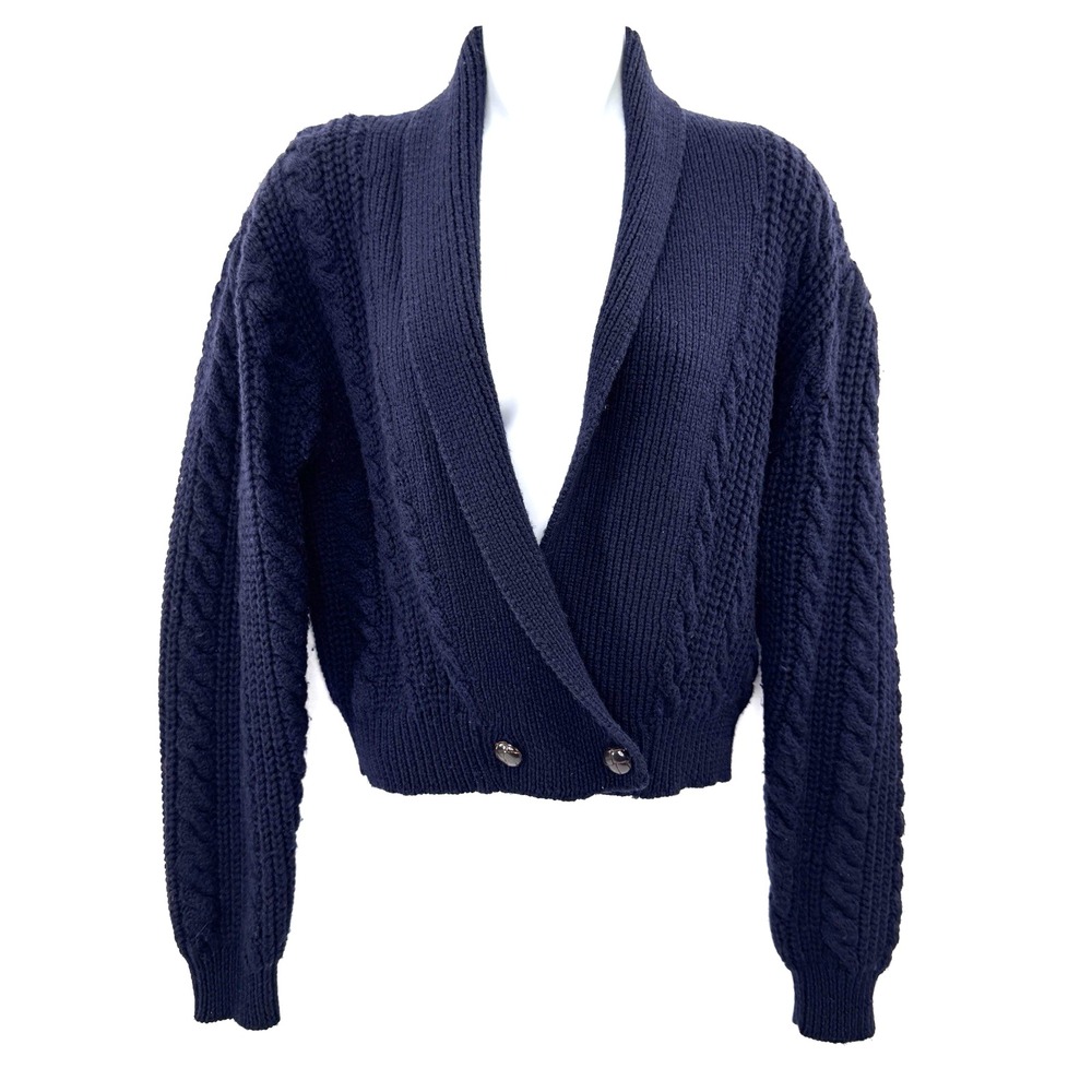 Vintage Cable Knit Sweater Shawl Collar S 100% Wool Navy 90s Hong Kong Academia